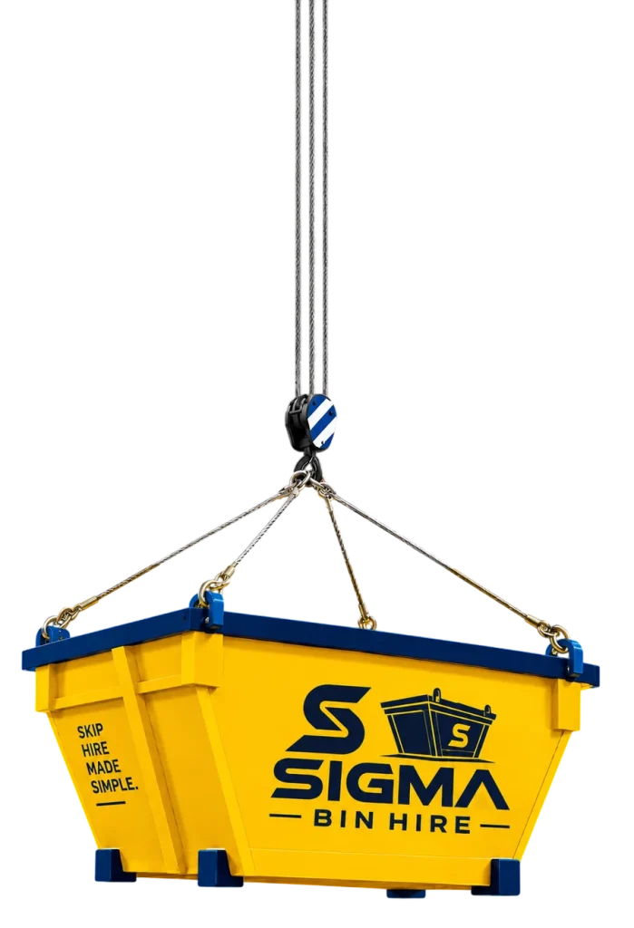 Sigma Bin Hire skip bin on a crane hook